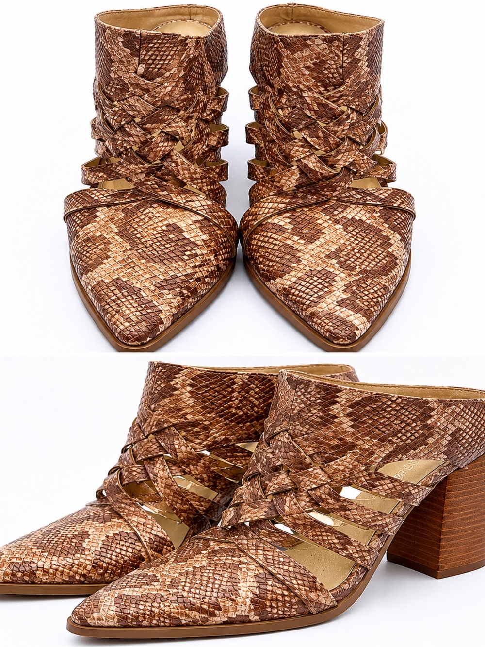 Braided Snakeskin Pointed Toe Mules in Brown